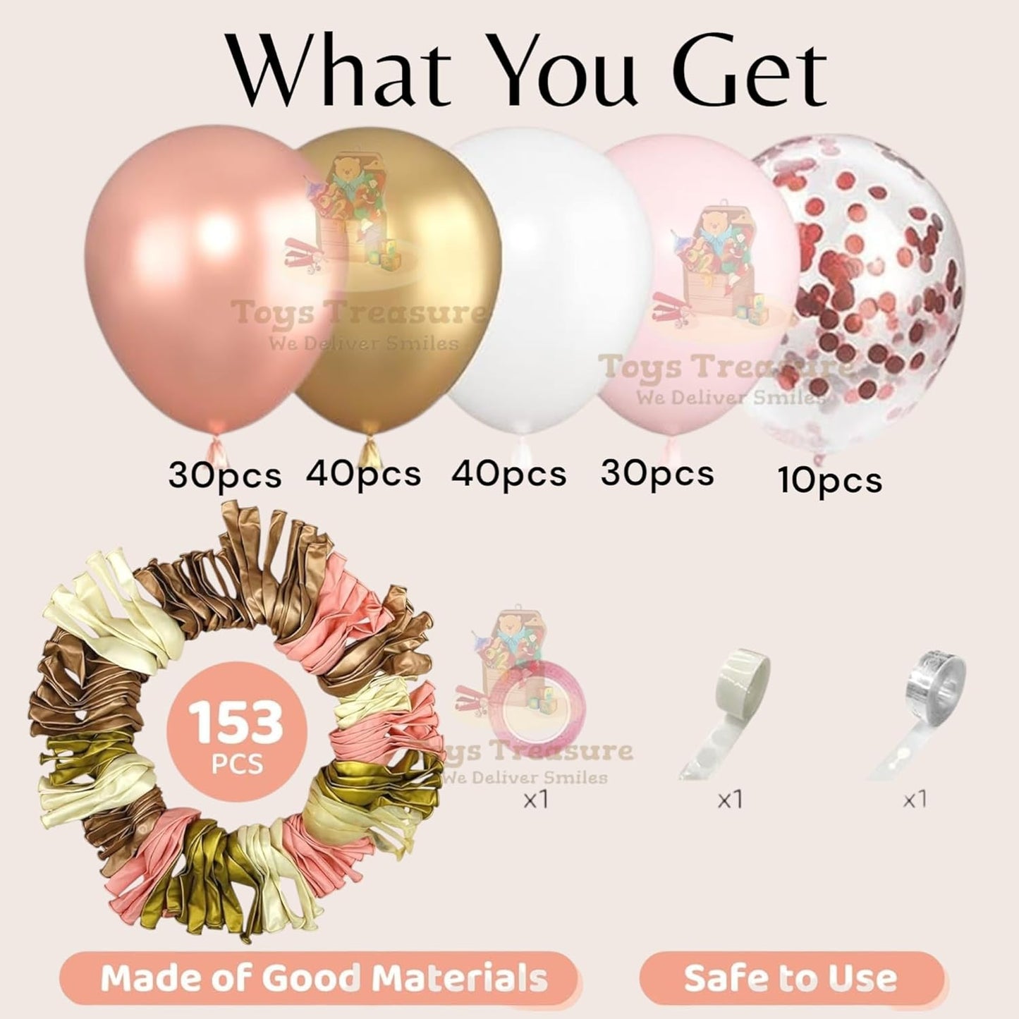 Pink White Gold Latex Metallic Confetti Balloons kit - 153 Pcs Pack