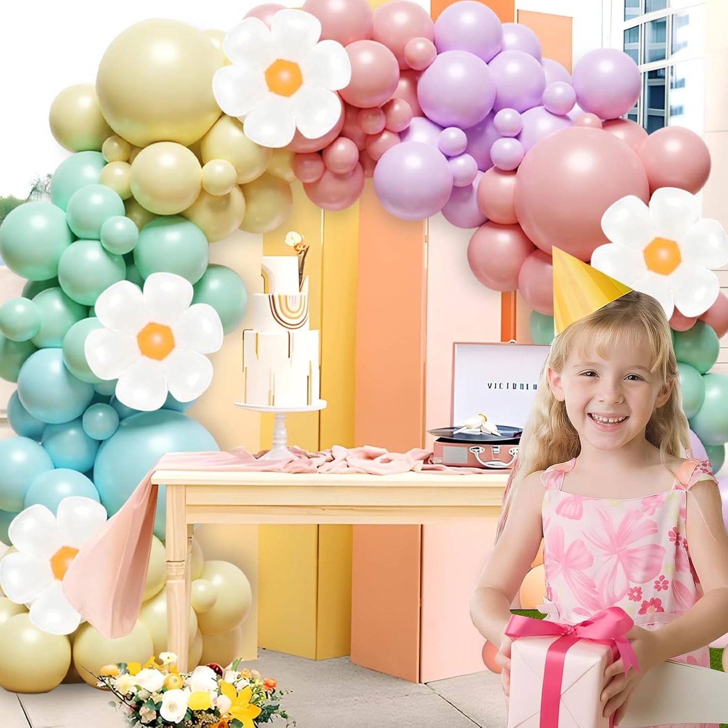 136-Piece Daisy Pastel Rainbow Balloon Arch Kit for Parties & Weddings