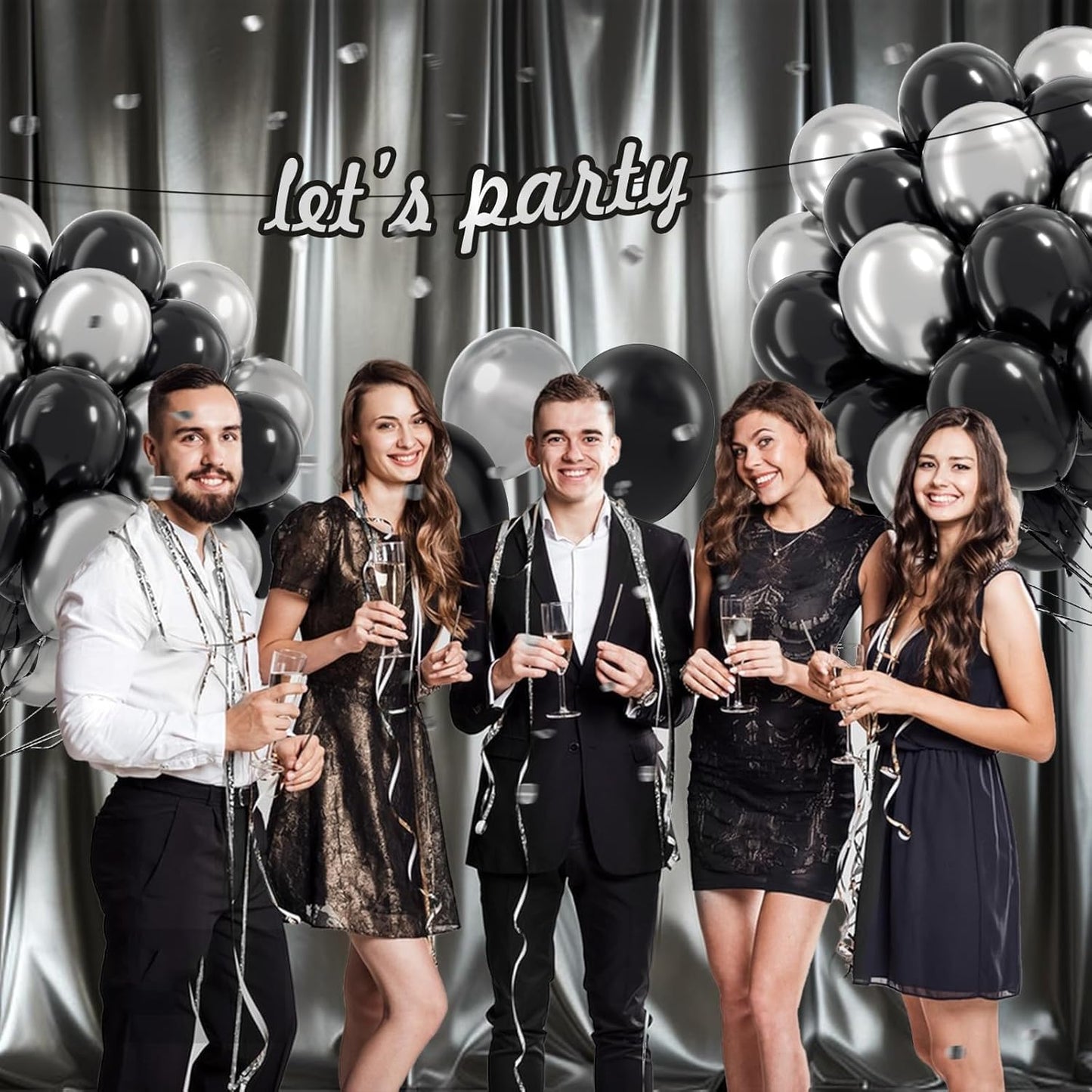 Metallic Silver Black Balloons 60 Pack - Premium Foil Balloon Set for Wedding & Birthday Party