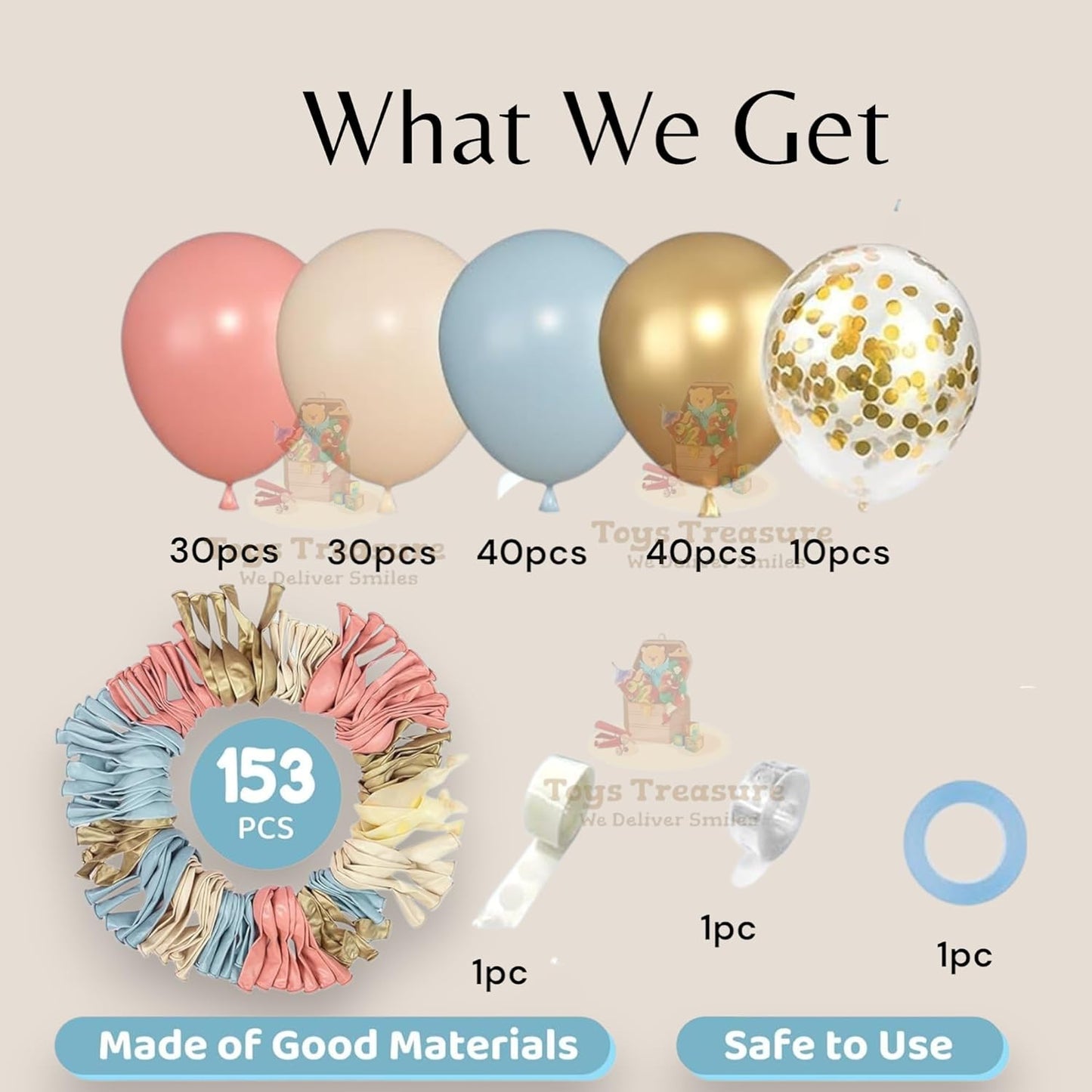 Pink, Blue Gold Latex Metallic Confetti Balloons kit - 153 Pcs Pack