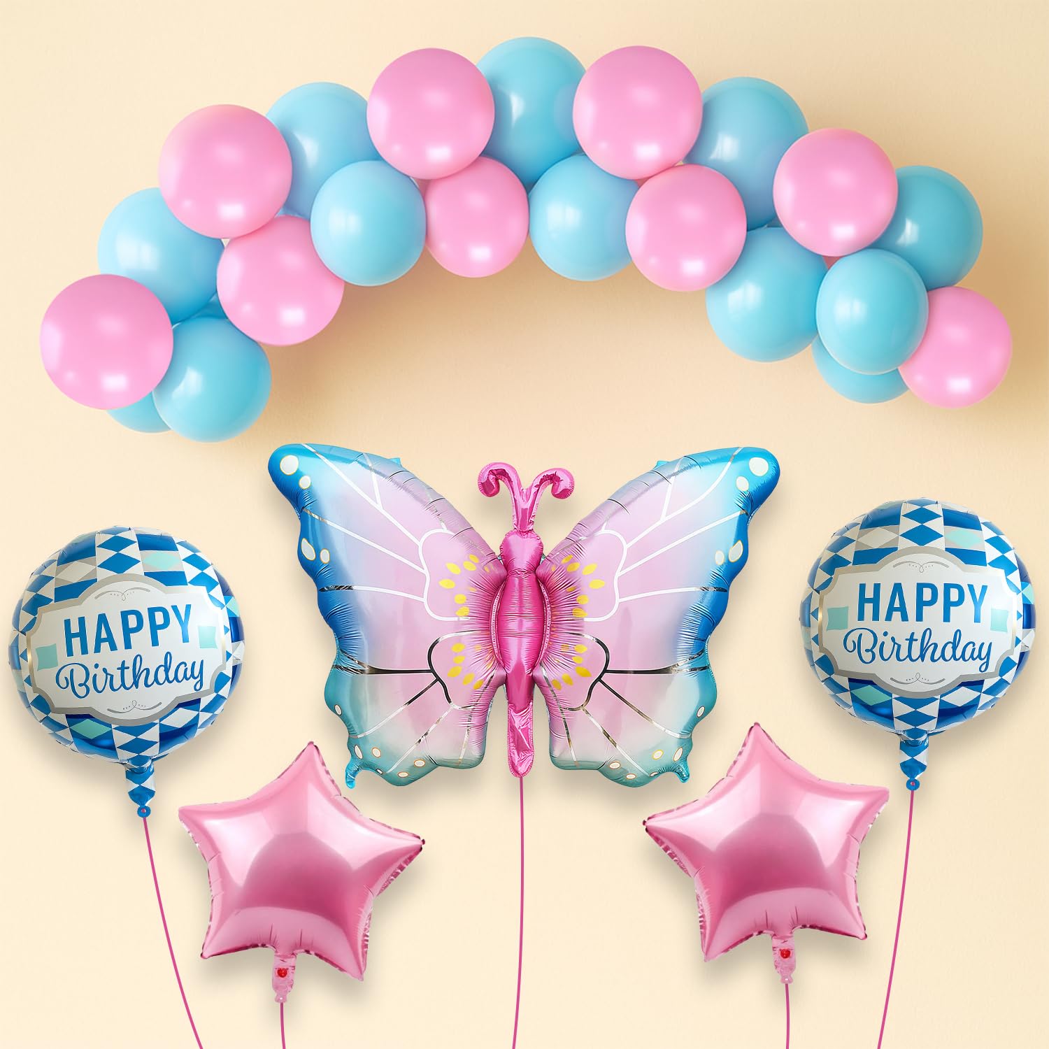 25-Piece Butterfly Theme Birthday Party Decoration Kit - Pink & Blue Balloons