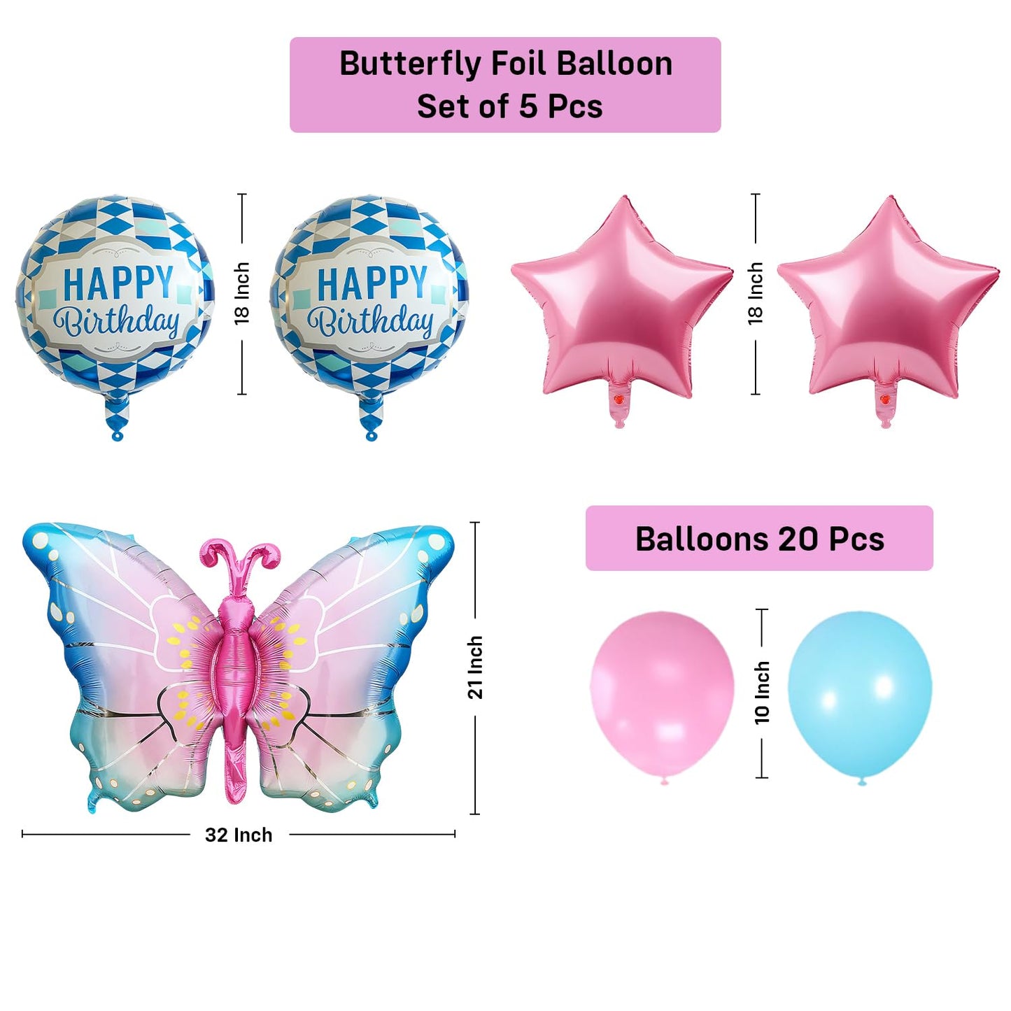 25-Piece Butterfly Theme Birthday Party Decoration Kit - Pink & Blue Balloons
