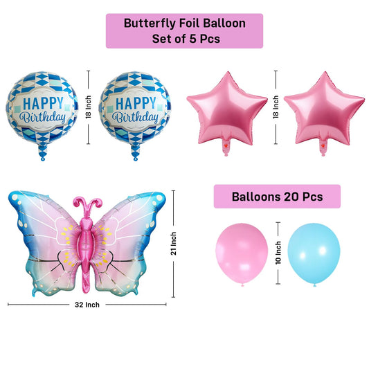 25-Piece Butterfly Theme Birthday Party Decoration Kit - Pink & Blue Balloons