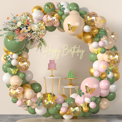 Chic Olive Green Beige Gold Balloon Arch Kit with 3D Butterflies