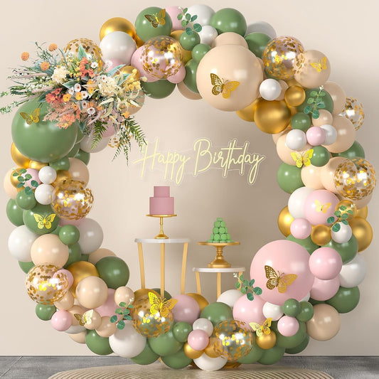 Chic Olive Green Beige Gold Balloon Arch Kit with 3D Butterflies