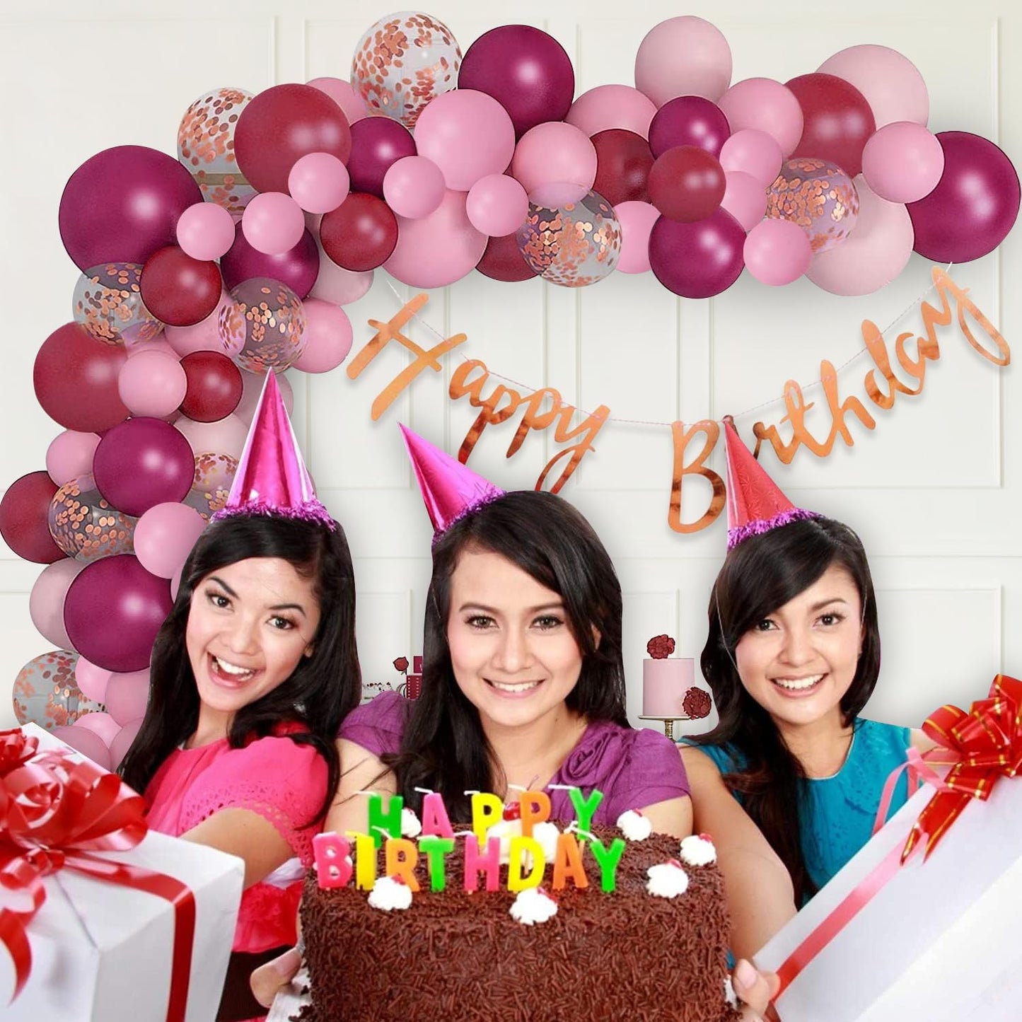 66-Piece Burgundy Birthday Decoration Kit for Girls & Wife - Party Propz Festive Balloons & Cardstock Decor Set