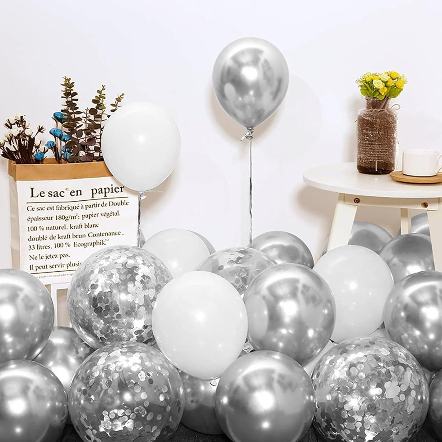 White Silver Balloon Garland Kit - 104 Piece with Confetti Balloons
