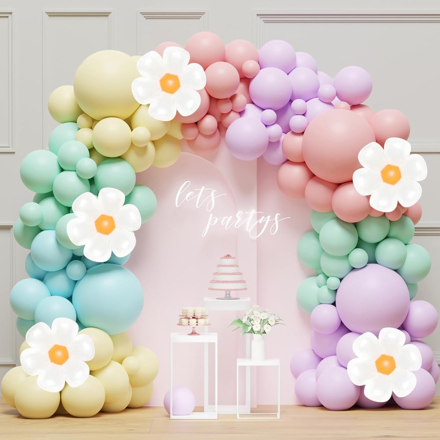 136-Piece Daisy Pastel Rainbow Balloon Arch Kit for Parties & Weddings