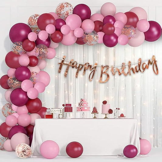 69-Piece Burgundy Pink Happy Birthday Decor Kit with LED Fairy Lights