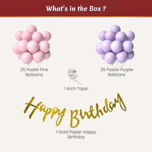 Birthday Decoration Kit - 52 Pcs Pink & Purple Balloon Set with Gold Banner