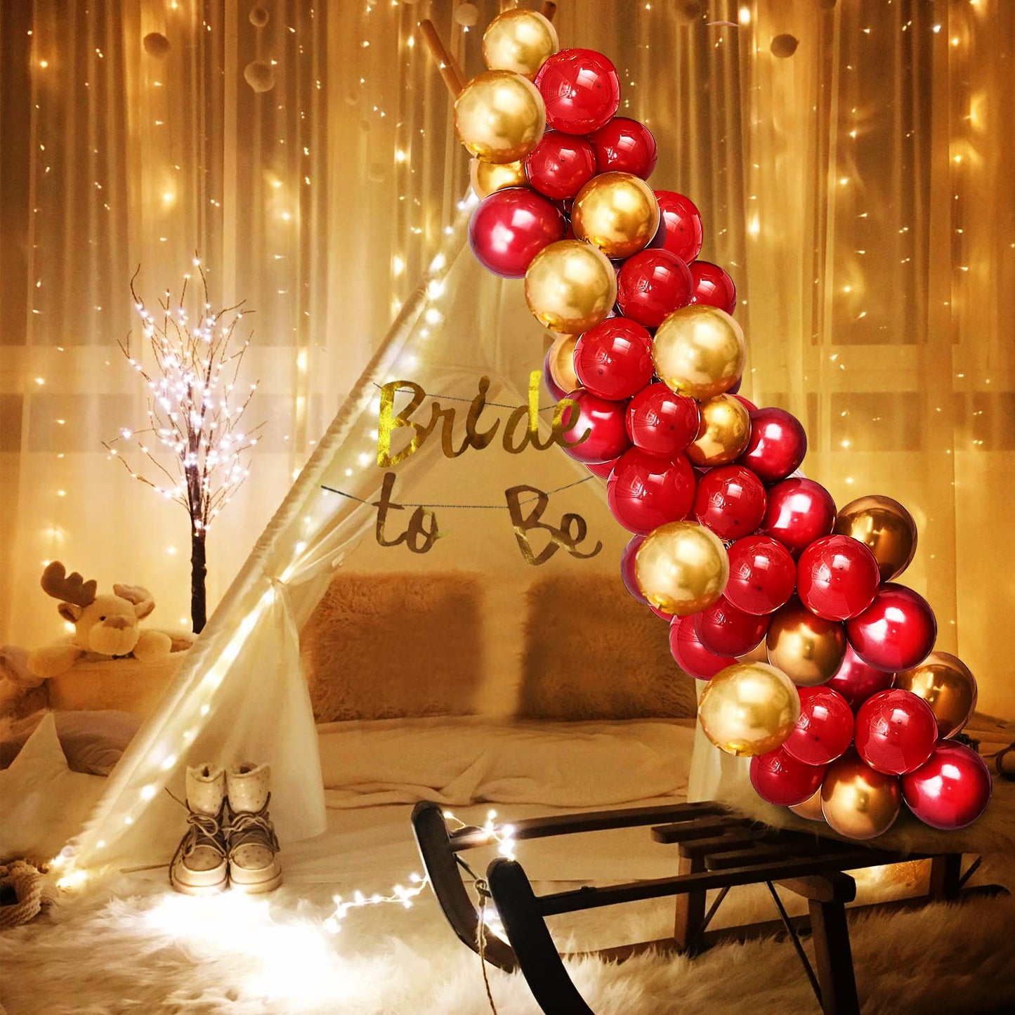 26-Piece Golden Red Bridal Shower Decoration Kit with Net Curtains & LED Lights