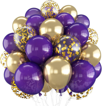 60 Pcs Metallic Gold Purple Confetti Balloons - Wedding & Birthday Party