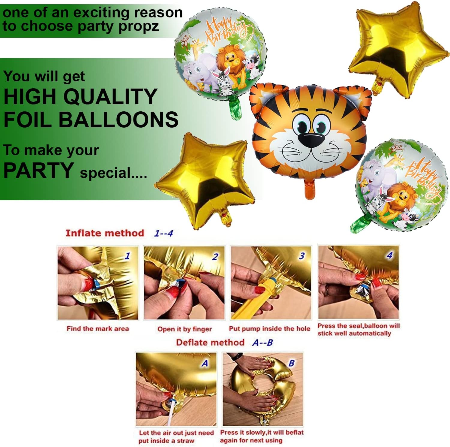 Jungle Safari Happy Birthday Foil Balloon Set - 5 Animal Themed Party Decorations