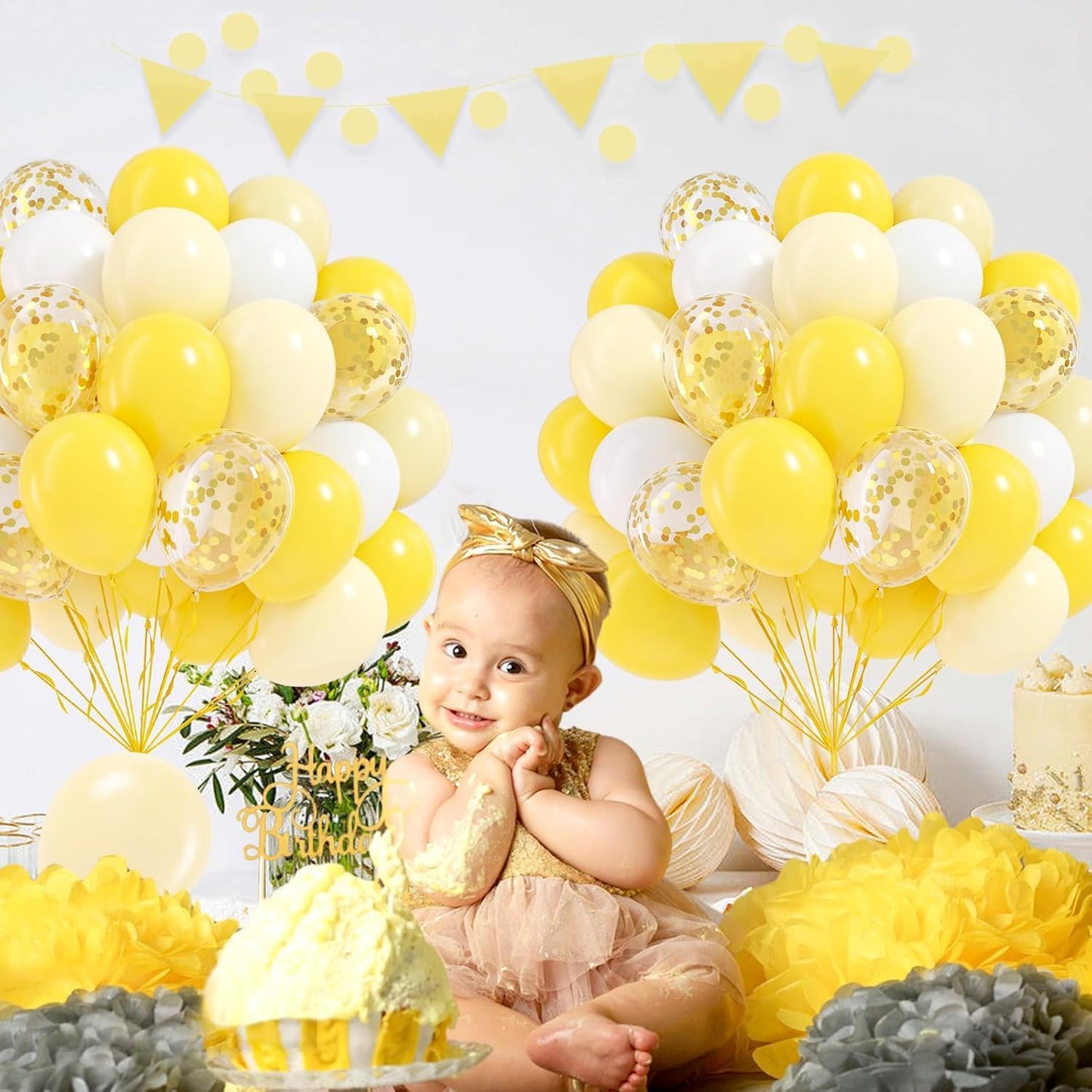 60 Pcs Metallic Yellow White Confetti Balloons for Wedding & Birthday Party
