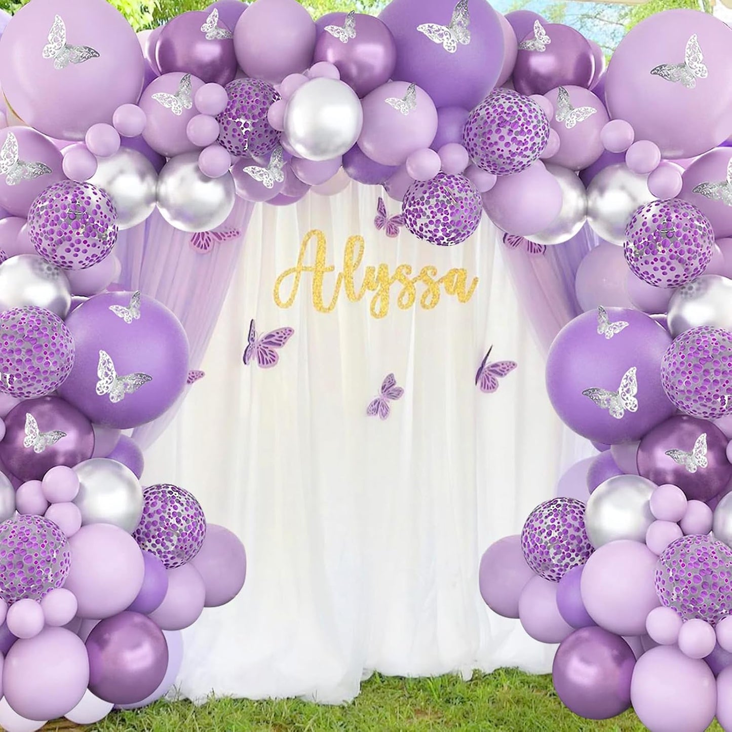 Magical Purple Butterfly Balloon Arch Kit with Shimmering Silver Confetti for Girls