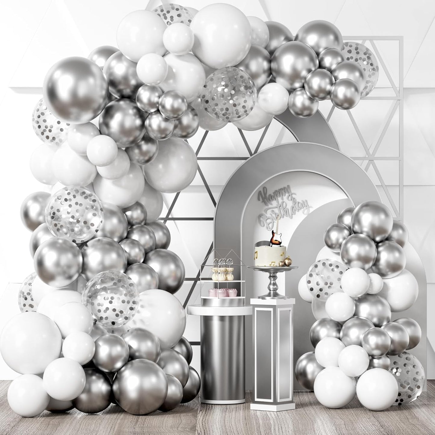 White Silver Balloon Garland Kit - 104 Piece with Confetti Balloons