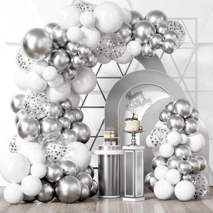 White Silver Balloon Garland Kit - 104 Piece with Confetti Balloons