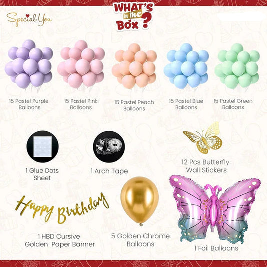 Pastel Butterfly Theme Birthday Decoration Kit – 96 Pcs Combo