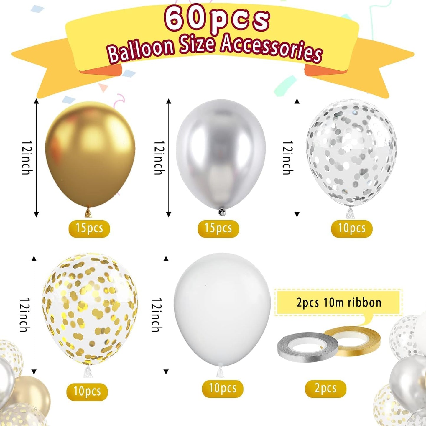 60pcs Metallic Gold Silver White Confetti Balloons - Wedding & Birthday Party