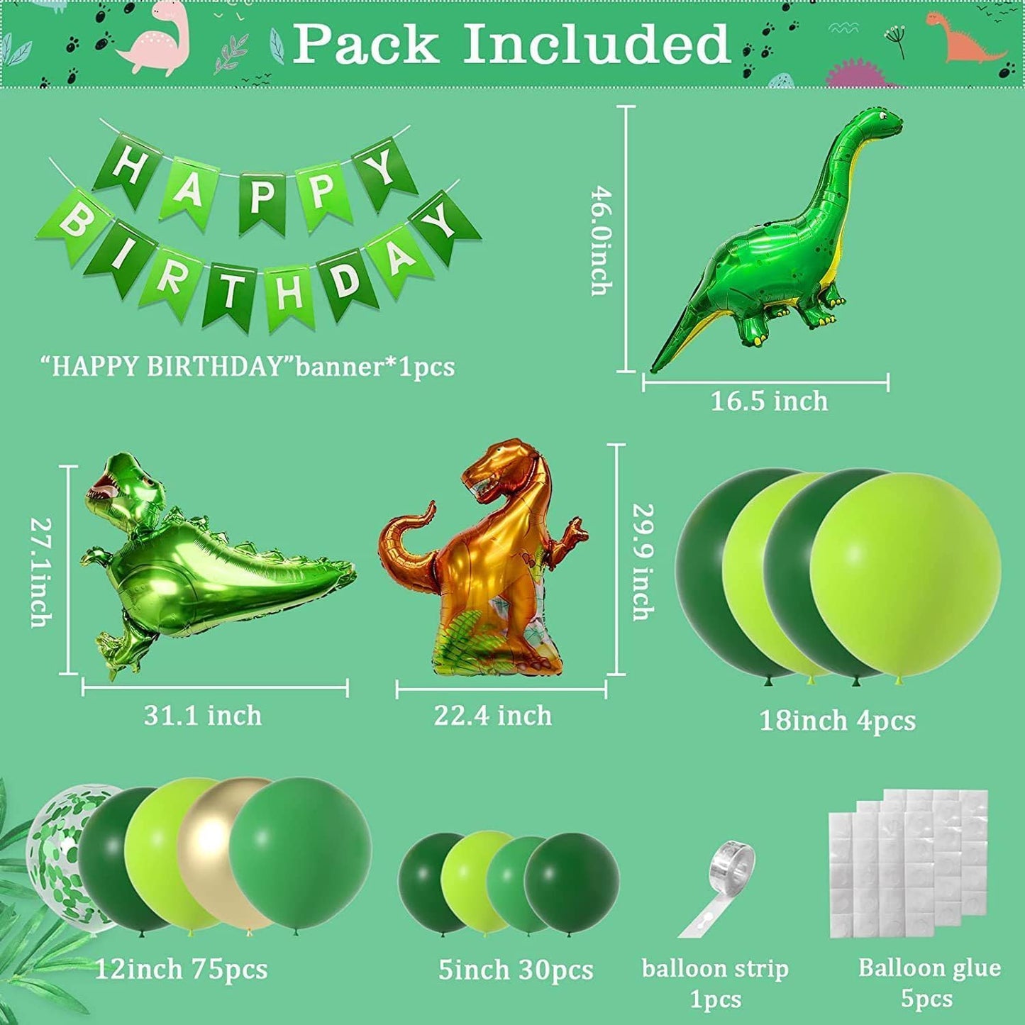120-Piece Epic Dinosaur Birthday Party Kit - Jungle Green Dino Balloons & Banner