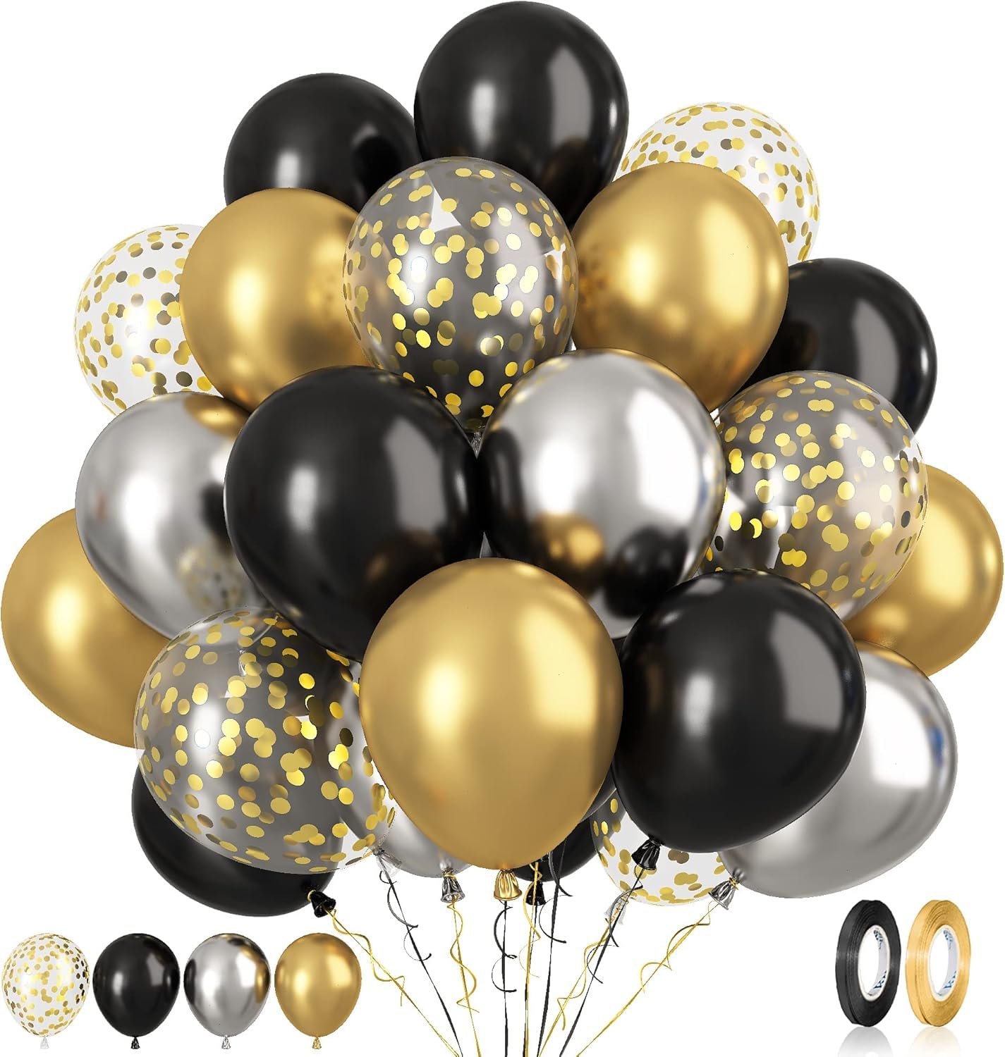 Metallic Confetti Balloons 60 Pack - Gold Silver Black Balloons for Wedding & Birthday Party