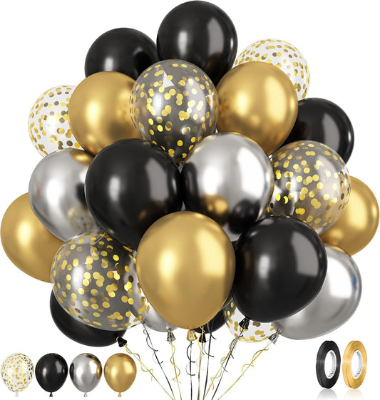 Metallic Confetti Balloons 60 Pack - Gold Silver Black Balloons for Wedding & Birthday Party