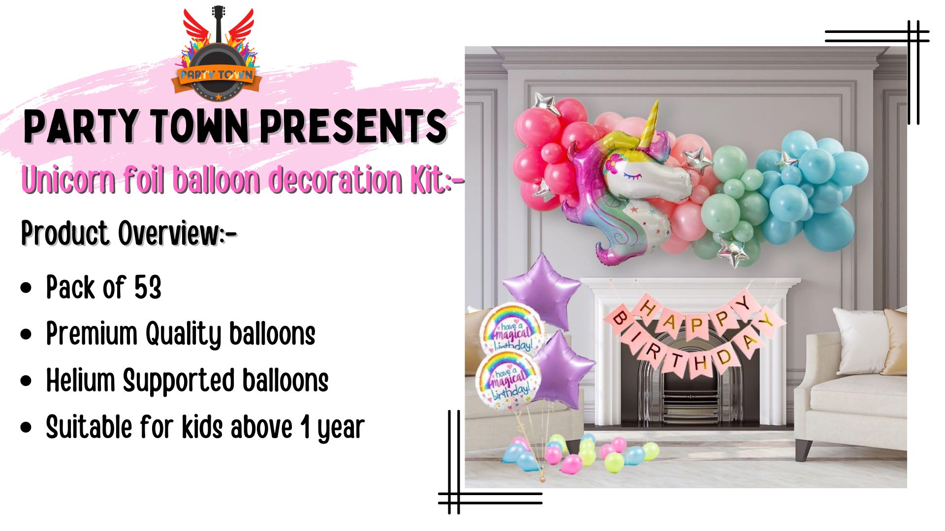 Enchanting Unicorn Party Balloon Pack - 53 Pcs, Helium Supported Foil & Latex Kit