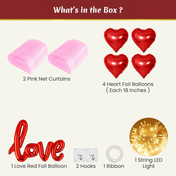 Romantic Decoration Kit - Set Of 11 Pcs (Pink Curtains & Love Balloons)