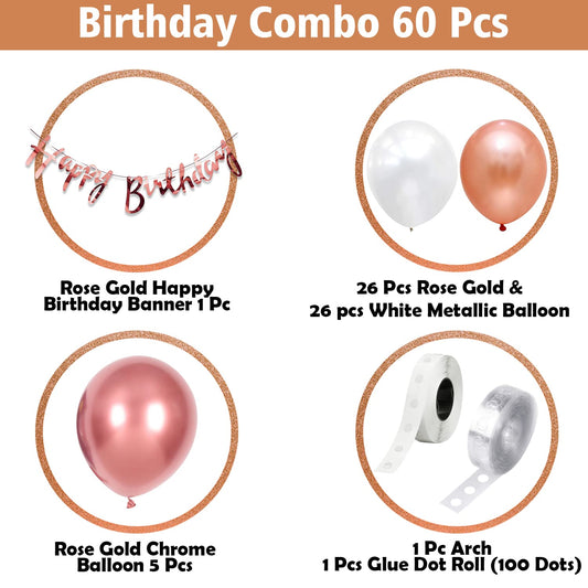Rose Gold Birthday Decoration Items Combo Set For Girls - Peak of 60Pcs