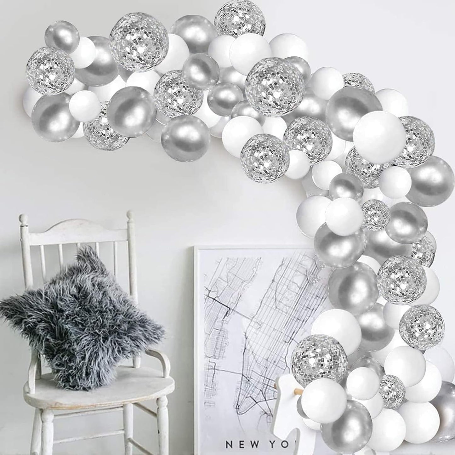 White Silver Balloon Garland Kit - 104 Piece with Confetti Balloons