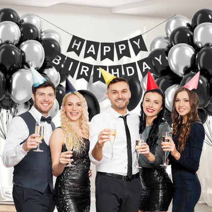 Metallic Silver Black Balloons 60 Pack - Premium Foil Balloon Set for Wedding & Birthday Party