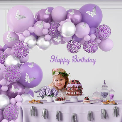 Magical Purple Butterfly Balloon Arch Kit with Shimmering Silver Confetti for Girls