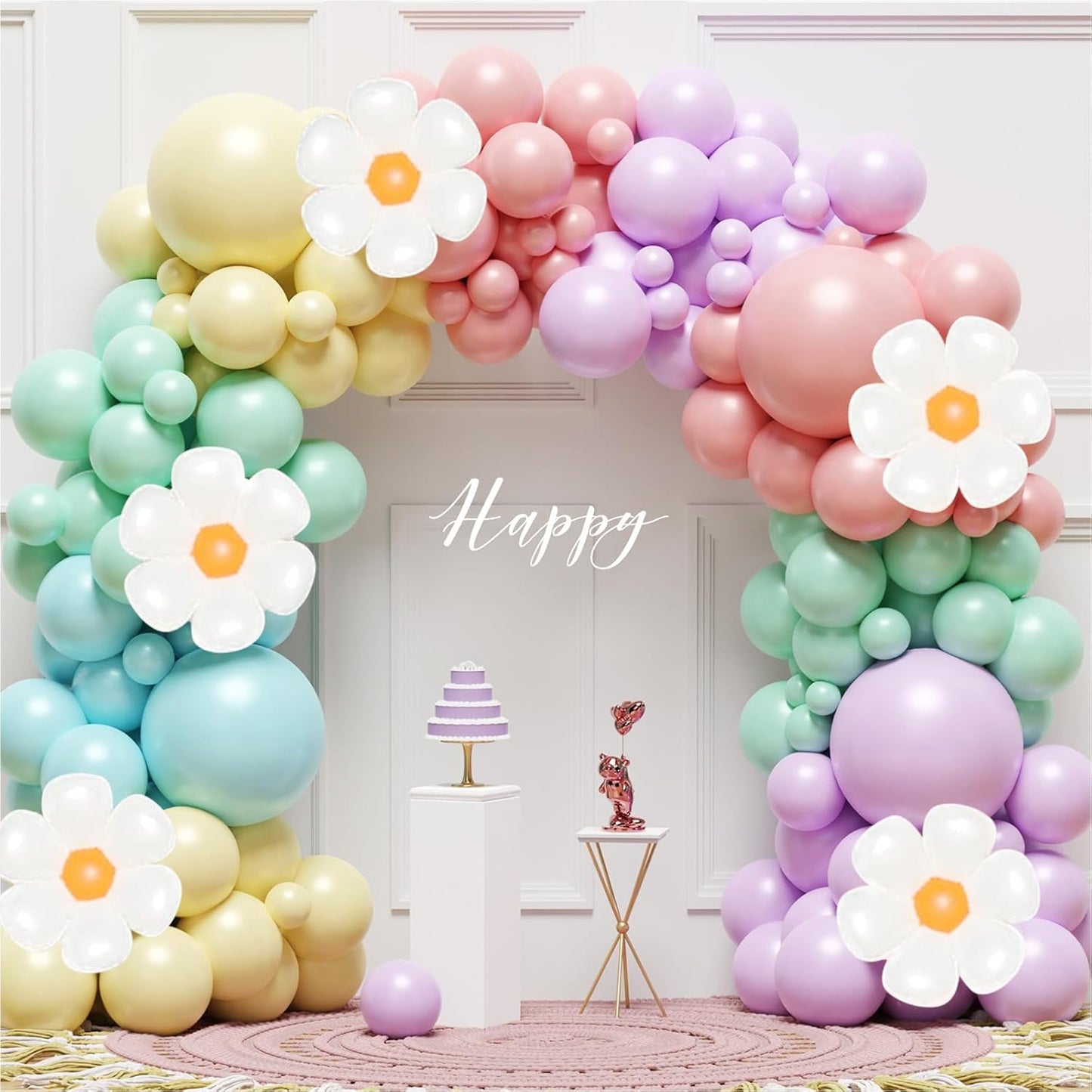136-Piece Daisy Pastel Rainbow Balloon Arch Kit for Parties & Weddings
