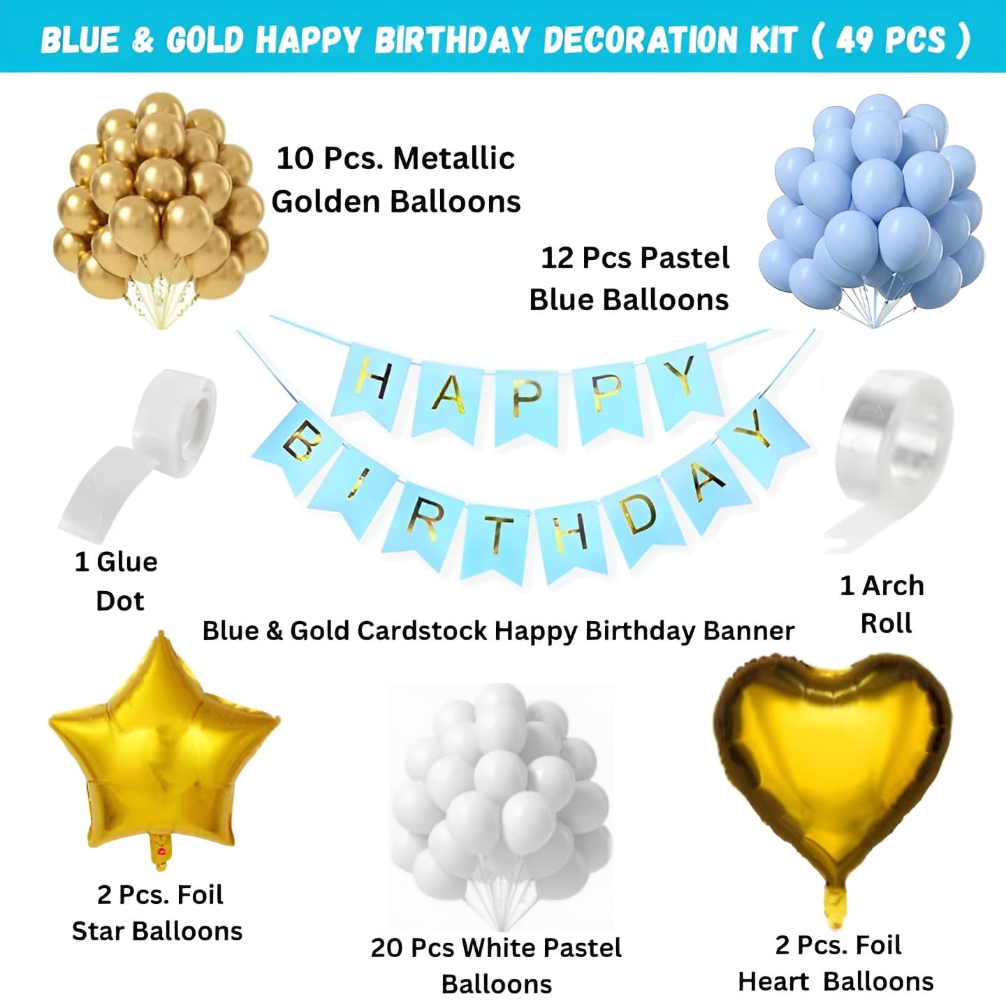 Luxurious 49-Piece Blue White Gold Birthday Balloon Arch Banner Decoration Kit
