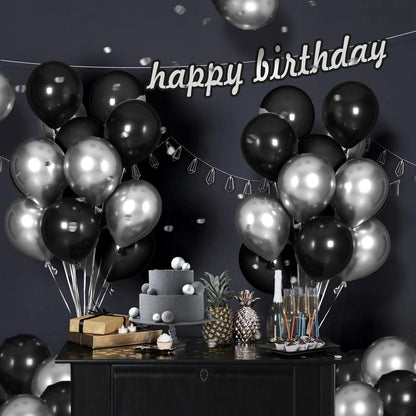 Metallic Silver Black Balloons 60 Pack - Premium Foil Balloon Set for Wedding & Birthday Party