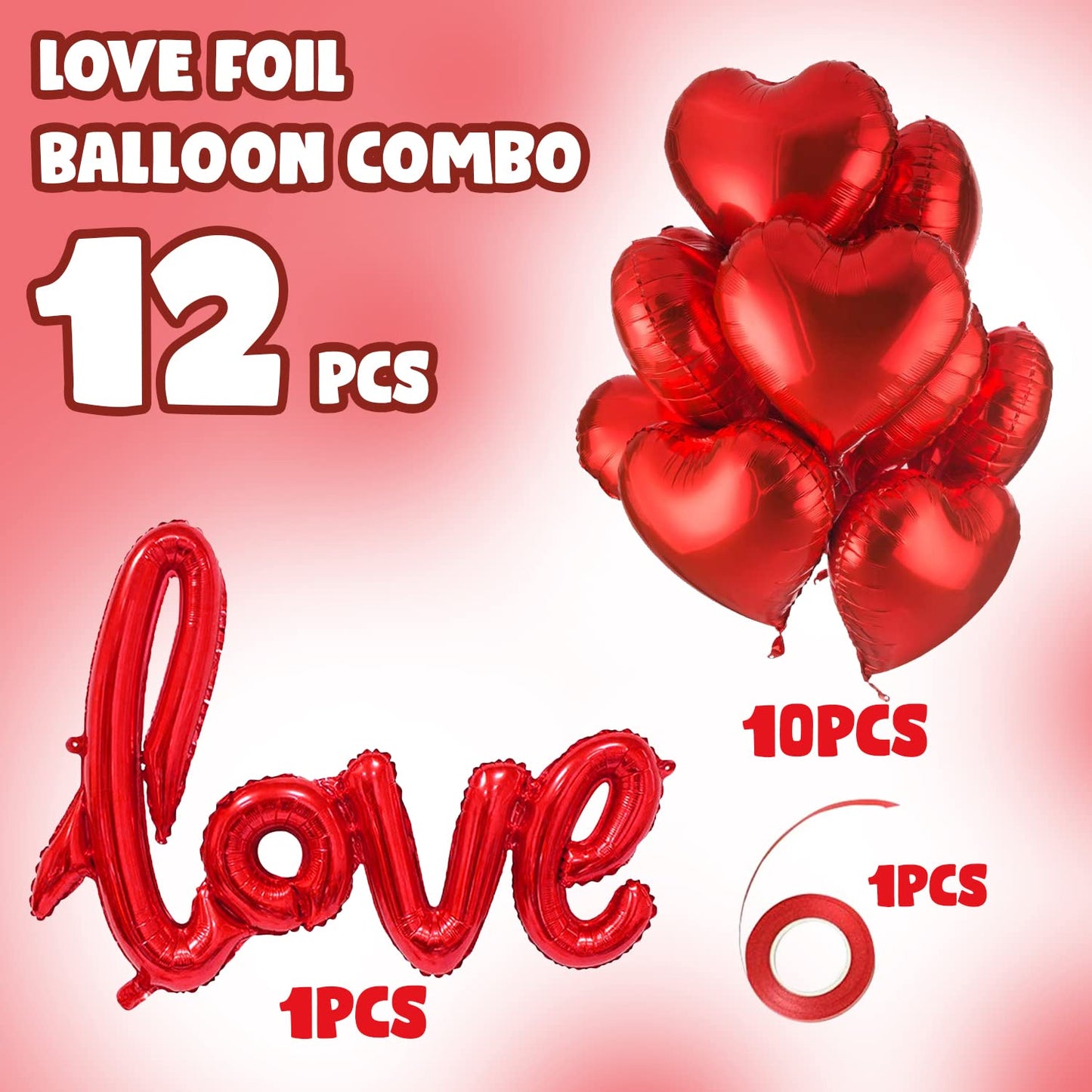 12 PCS Love Foil Balloon Combo – Red Heart & Love Letter Set