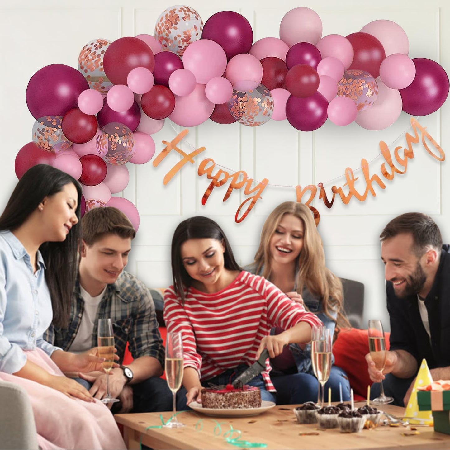 66-Piece Burgundy Birthday Decoration Kit for Girls & Wife - Party Propz Festive Balloons & Cardstock Decor Set