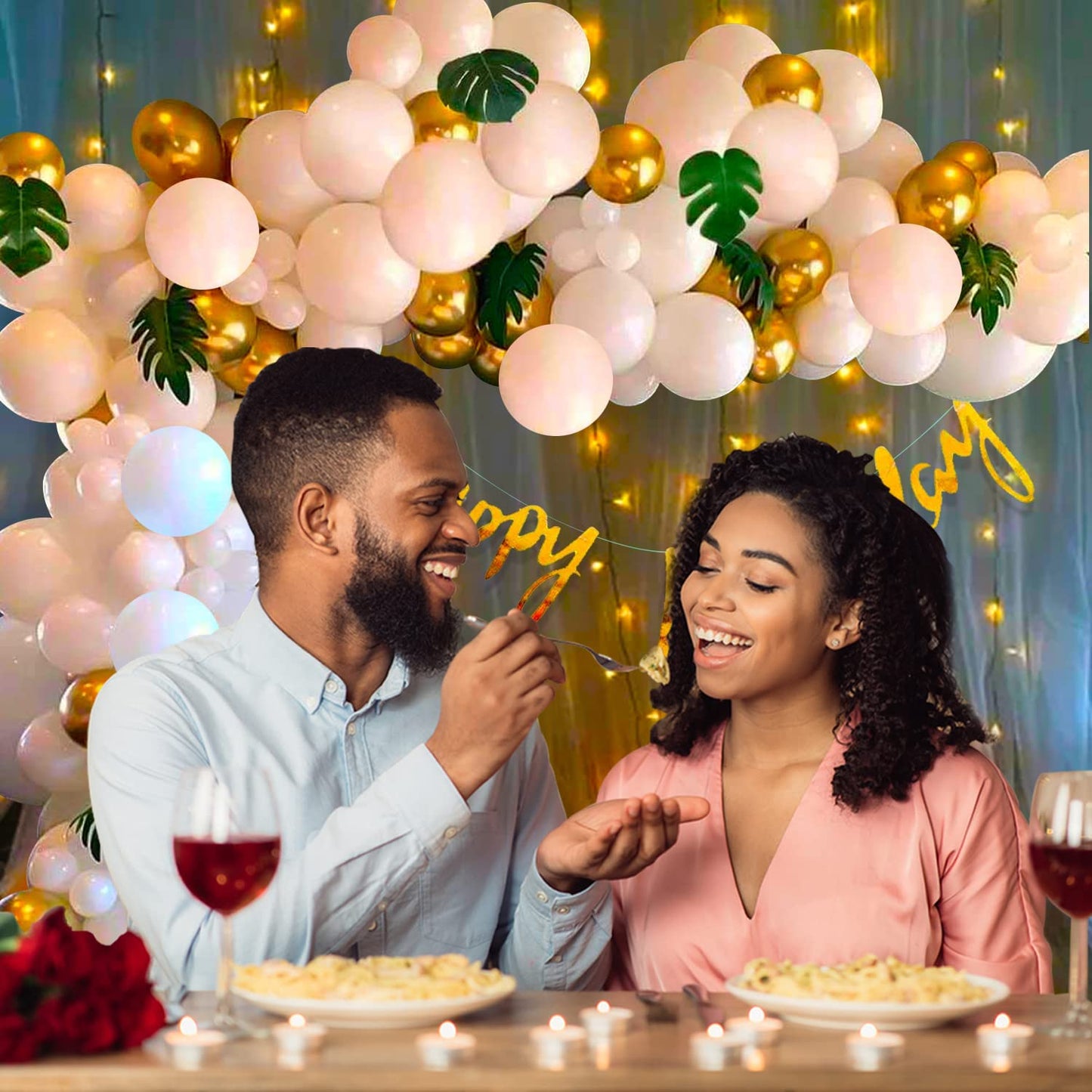 Elegant White & Gold 69-Piece Birthday Decoration Kit with Net Curtains