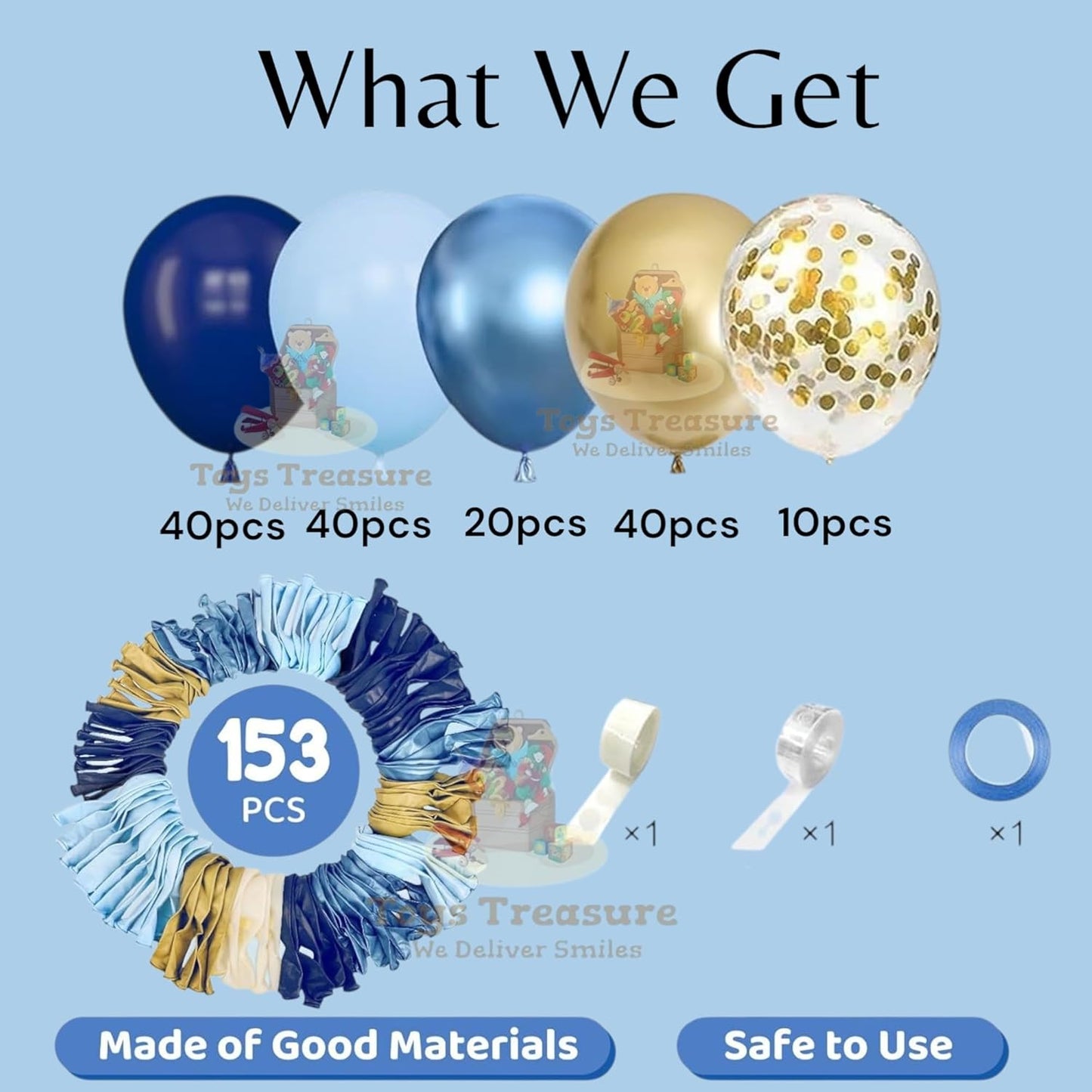 Blue Gold Latex Metallic Confetti Balloons kit - 153 Pcs Pack