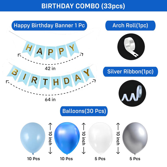 Premium 33-Piece Blue Silver Birthday Balloon Decoration Set with Banner for Boys