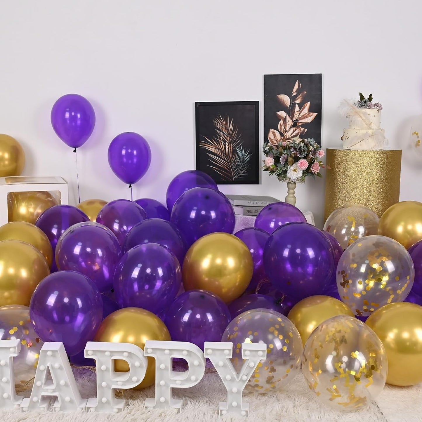 60 Pcs Metallic Gold Purple Confetti Balloons - Wedding & Birthday Party