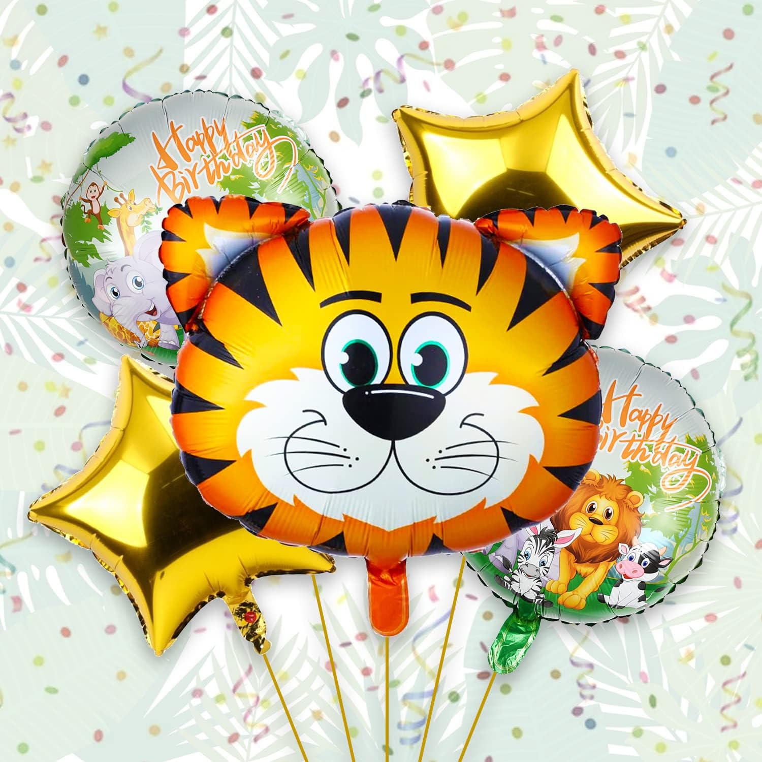 Jungle Safari Happy Birthday Foil Balloon Set - 5 Animal Themed Party Decorations