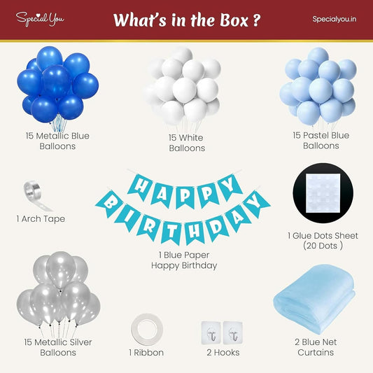 Birthday Decoration Items For Boys With Pastel, Silver, White & Metallic Balloons 68 Pcs pack