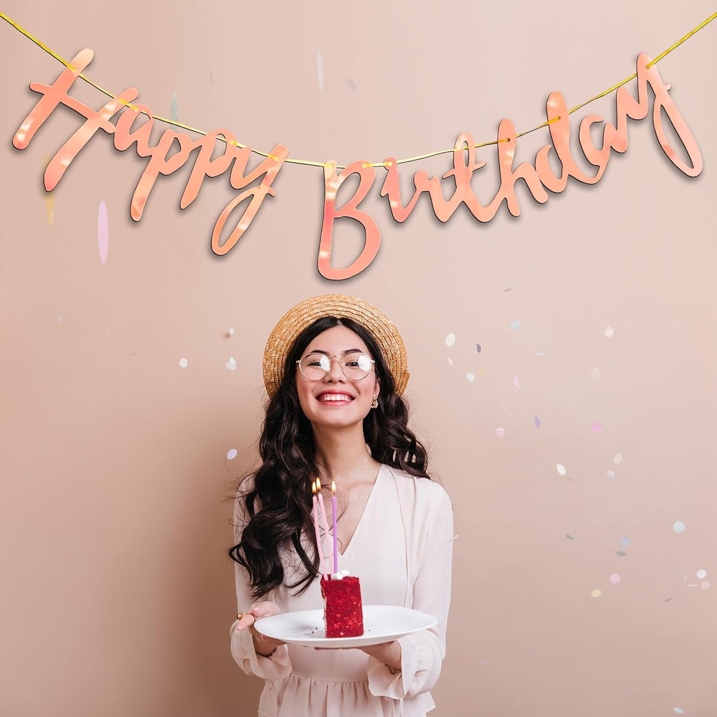 Happy Birthday Cursive Banner - Cardstock with Ribbon
