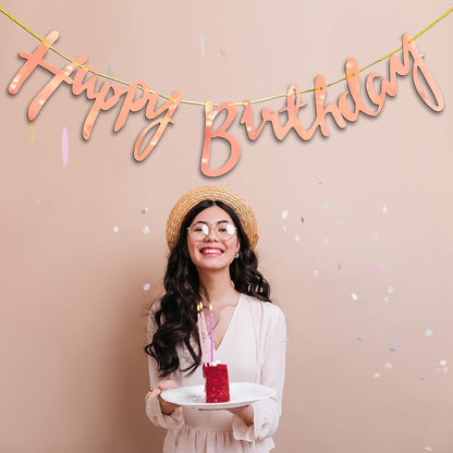 Happy Birthday Cursive Banner - Cardstock with Ribbon