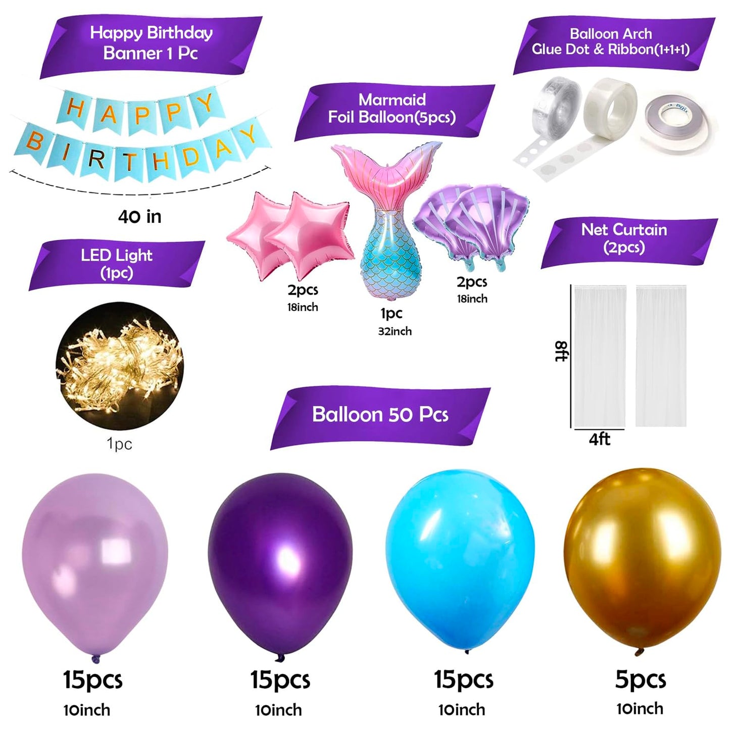 Mermaid Theme Birthday Decoration Kit – Set of 73 Pcs