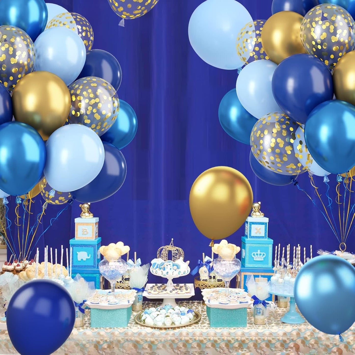 Blue Gold Confetti Balloons - 60 Piece Metallic Set for Birthday