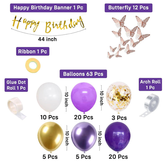 Purple & Gold Birthday Decoration Kit with Butterfly Theme - 79 Pcs Combo