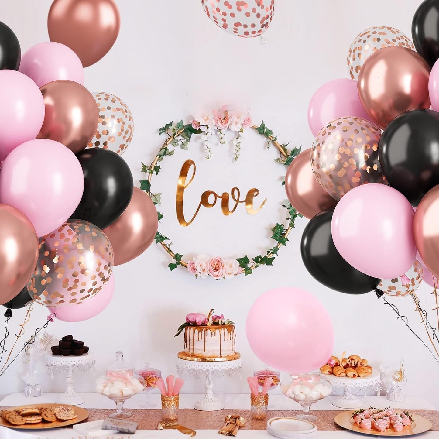 Rose Gold Pink Black Confetti Balloons 60 Pcs - Metallic Party Decorations for Wedding & Birthday Party