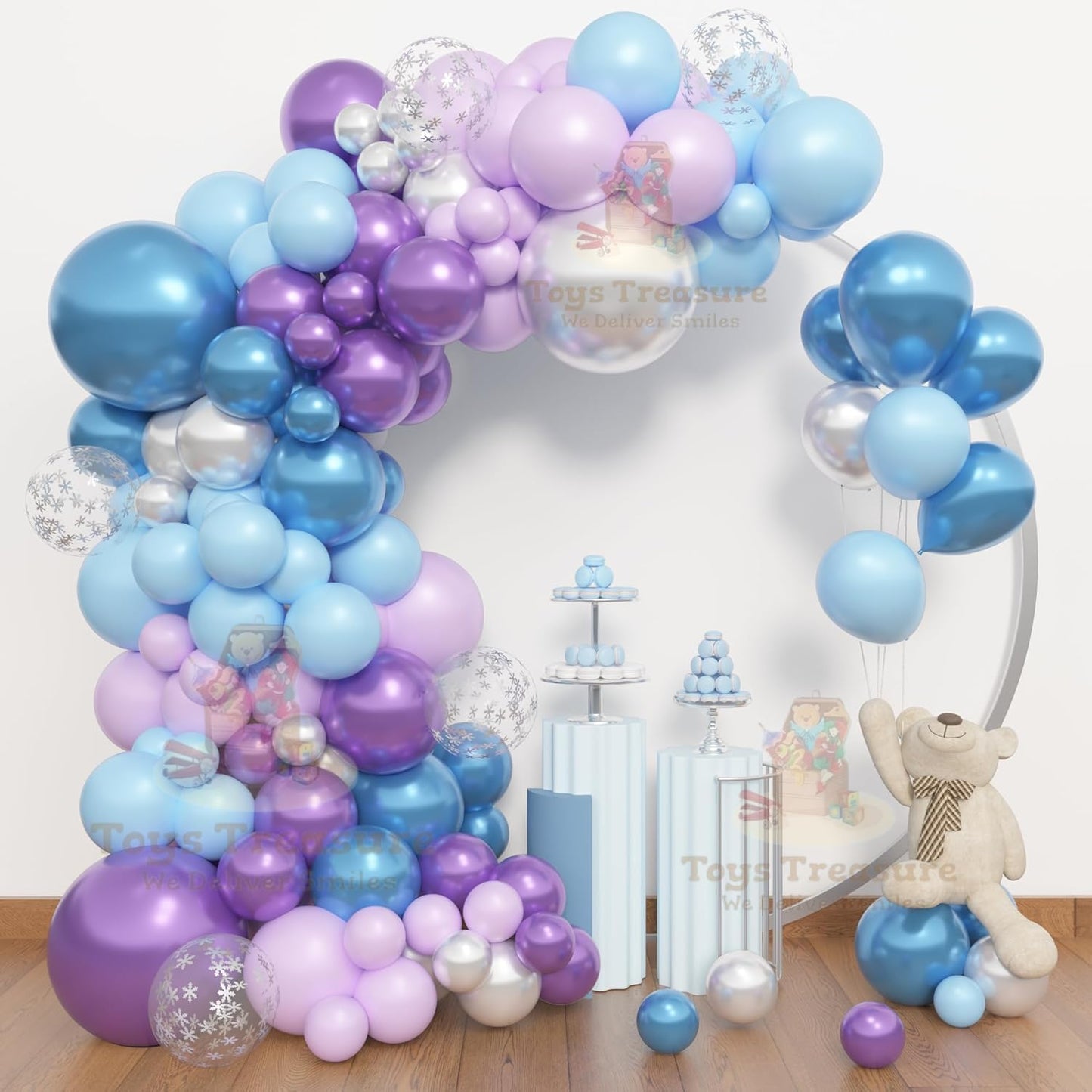 Blue, Purple and Silver Latex Metallic Confetti Balloons kit - 153 Pcs Pack